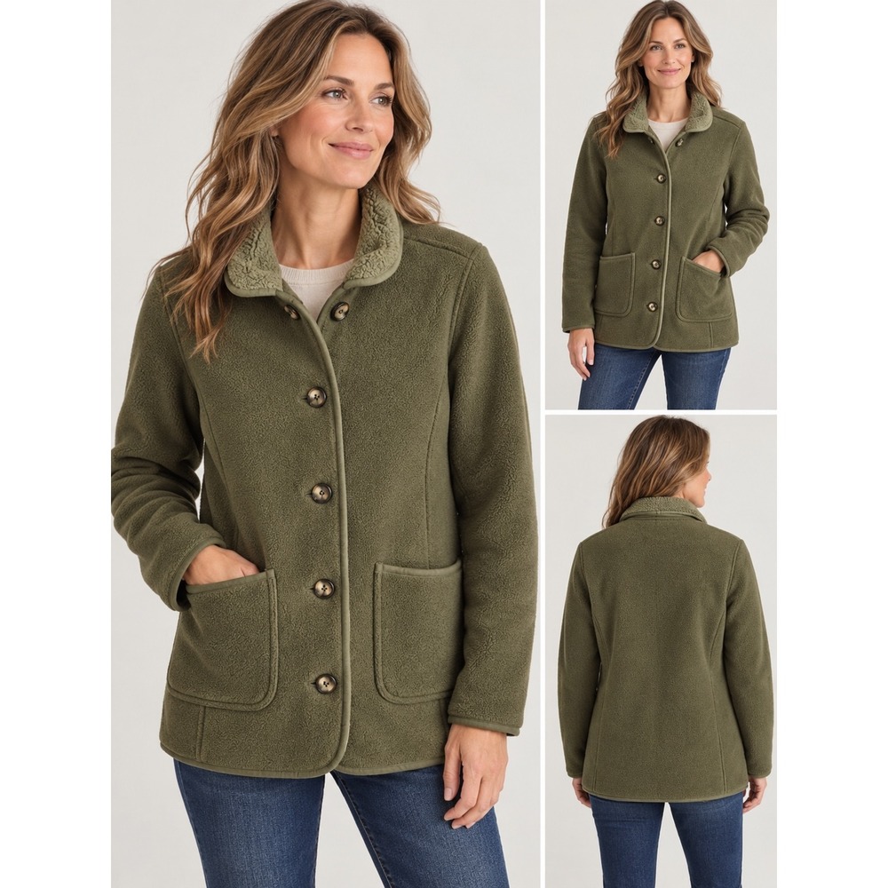 LL Bean Olive Green Fleece Barn Coat Jacket Button Front Women Medium Petite